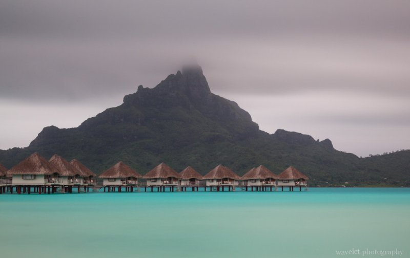 View of Mount Otemanu and overwater bungalows of Le Méridien Bora Bora