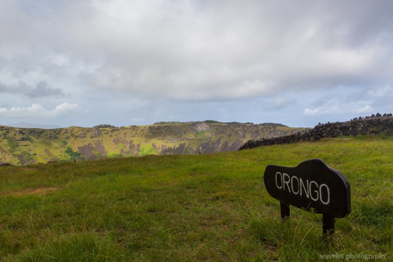 The orongo sign next to the crater lake on Rano Kau, Easter Island