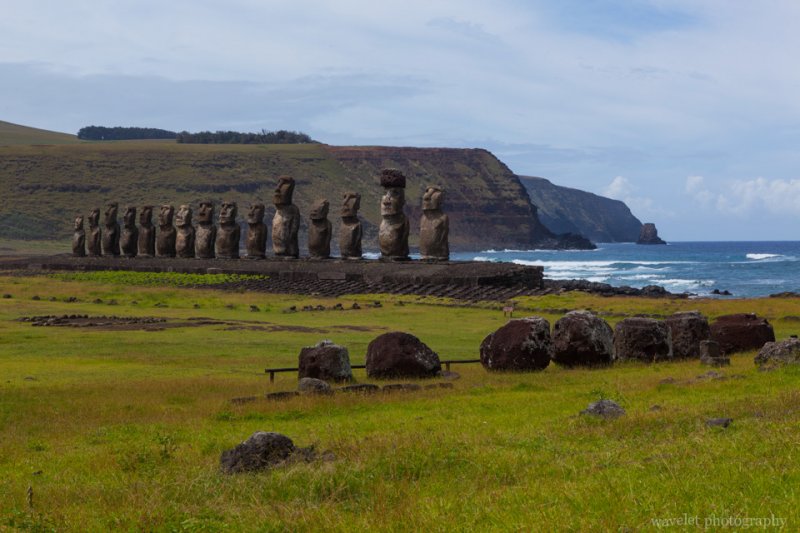 Ahu Tongariki, with their hats in the foreground, Easter Island