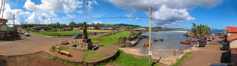 The harbor, Hanga Roa O'tai, and the town, Easter Island