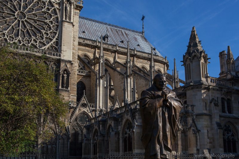 Pope John Paul II statue and the South Rose Window, Notre-Dame, Paris