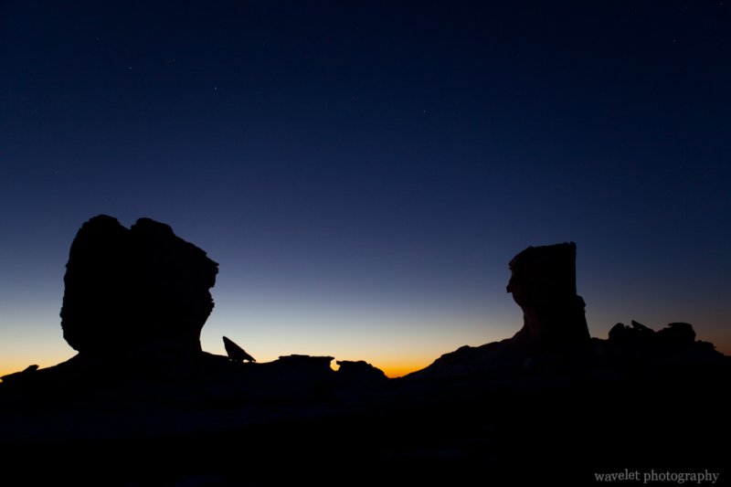 Silhouette of Rocks in White Desert Half an Hour before Sunrise 