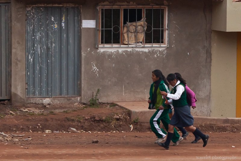 Students running to school, Sacred Valley