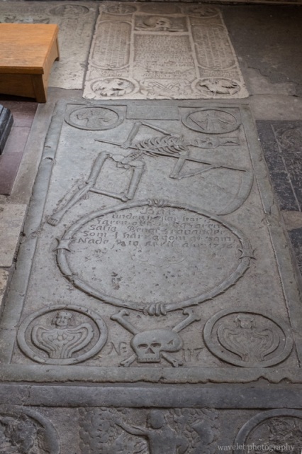 The dance of death on grave slabs in the Tradesmen's Chapel (Krämarekapellet) at St. Peter's Church, Malmö