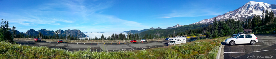 Panorama view from Nisquallly parking lot, Mt. Rainier