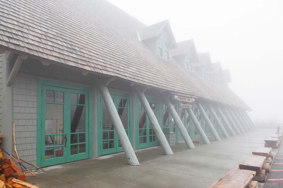 Paradise Inn front door in a gloomy day, Mt. Rainier