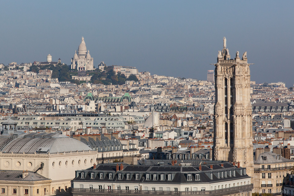 Overlook Sacré-Cœur with Saint-Jacques Tower in the foreground from Notre-Dame de Paris