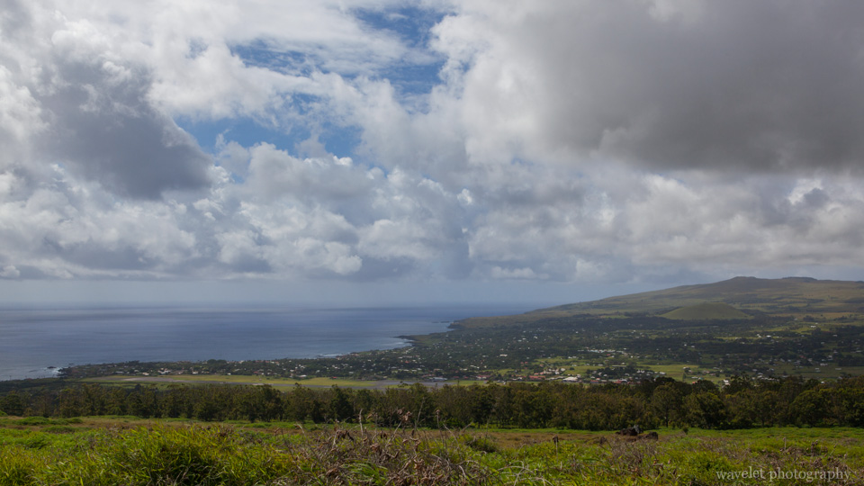 Overlook the town and the island\'s west coast from Rano Kau, Easter Island