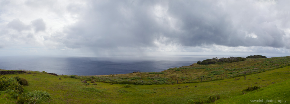 Panorma view of the island and the sea from Rano Kau, Easter Island