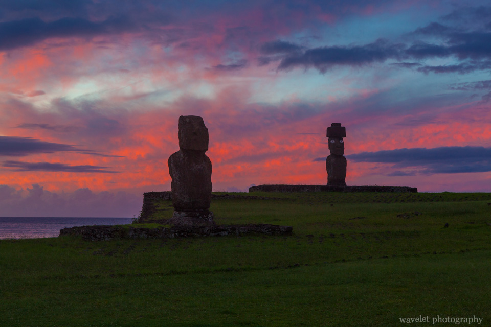 Ko Te Riku (with restored eyes) and Tahai at sunset, Easter Island