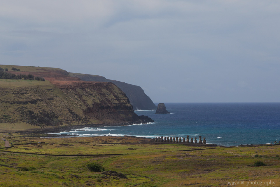 Overlook Ahu Tongariki from Rano Raraku, Easter Island