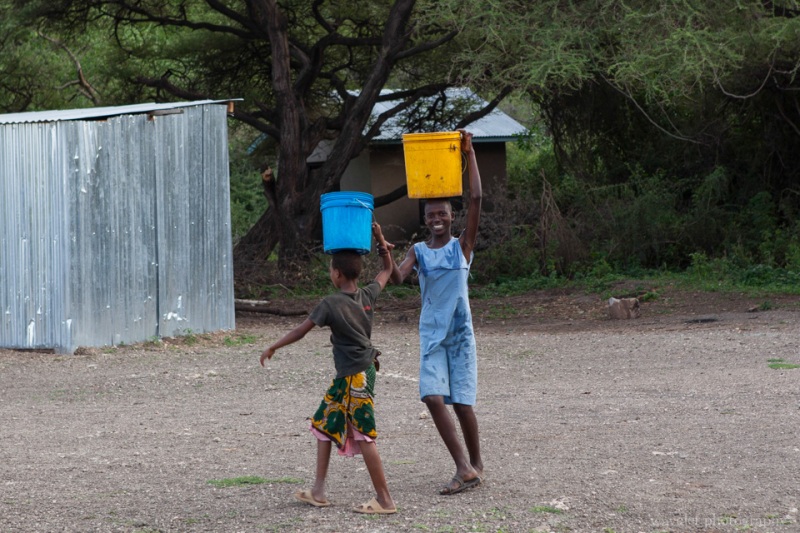 Villagers carrying water from a pond by the village, near Lake Eyasi