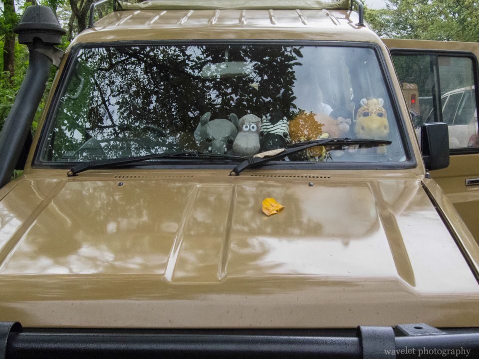 Stuffed animals in a safari jeep outside of Ngorongoro.Conservation Area.