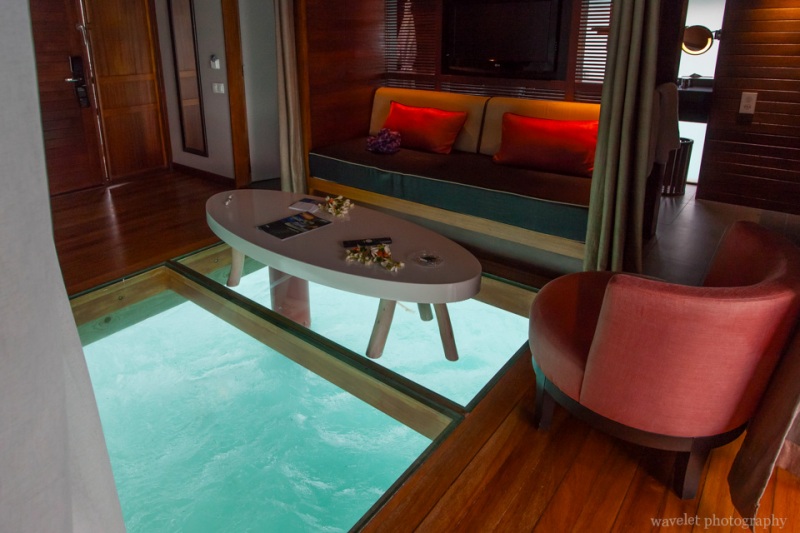Inside the overwater bungalow in Le Méridien Bora Bora