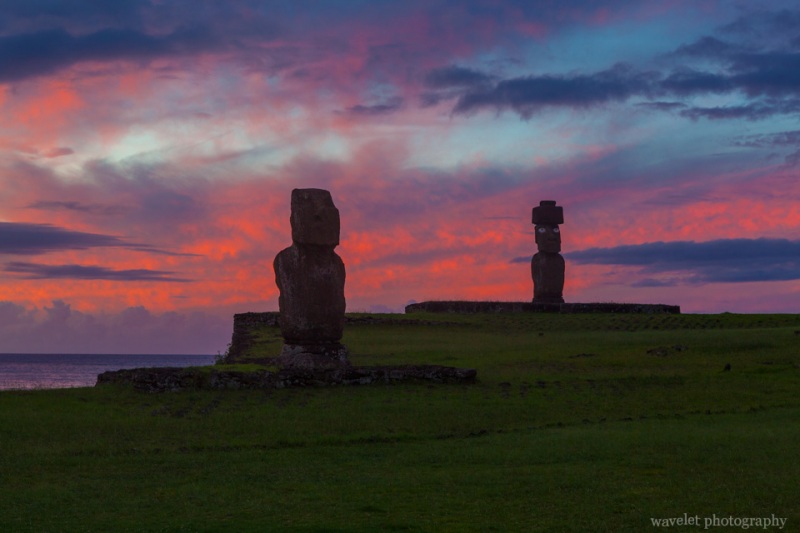 Ko Te Riku (with restored eyes) and Tahai at sunset, Easter Island